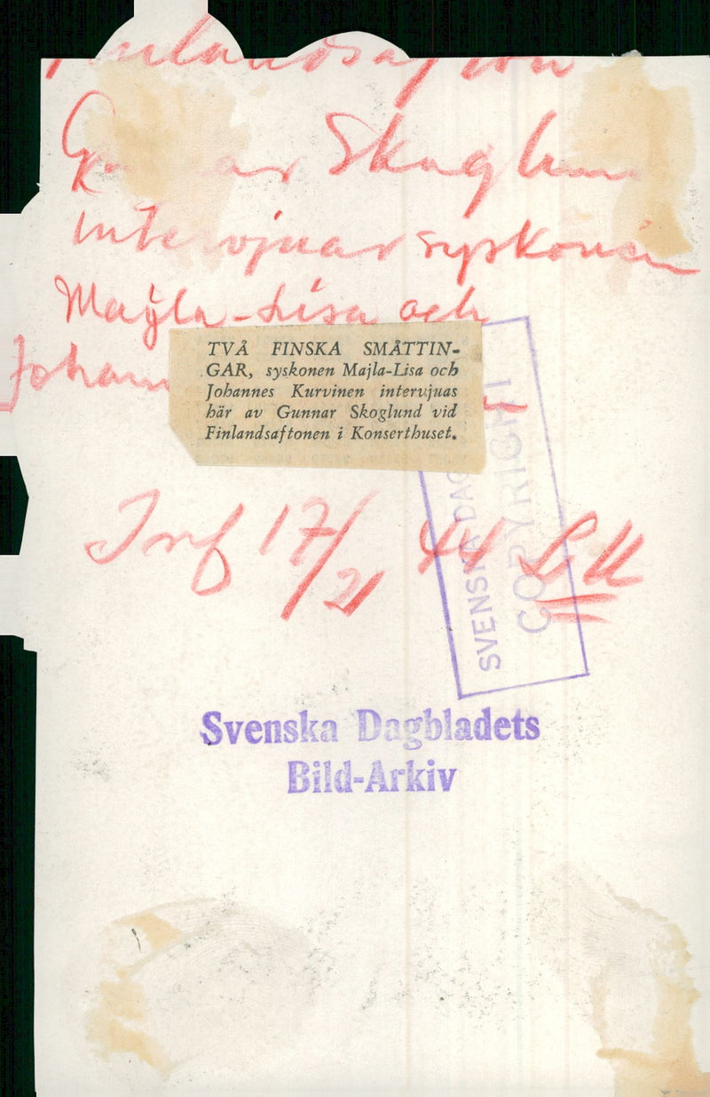 Finnish siblings Majla-Lisanoch Johannes Kurvinen is interviewed by Gunnar Skoglund at the Finnish evening in the Concert Hall - Vintage Photograph