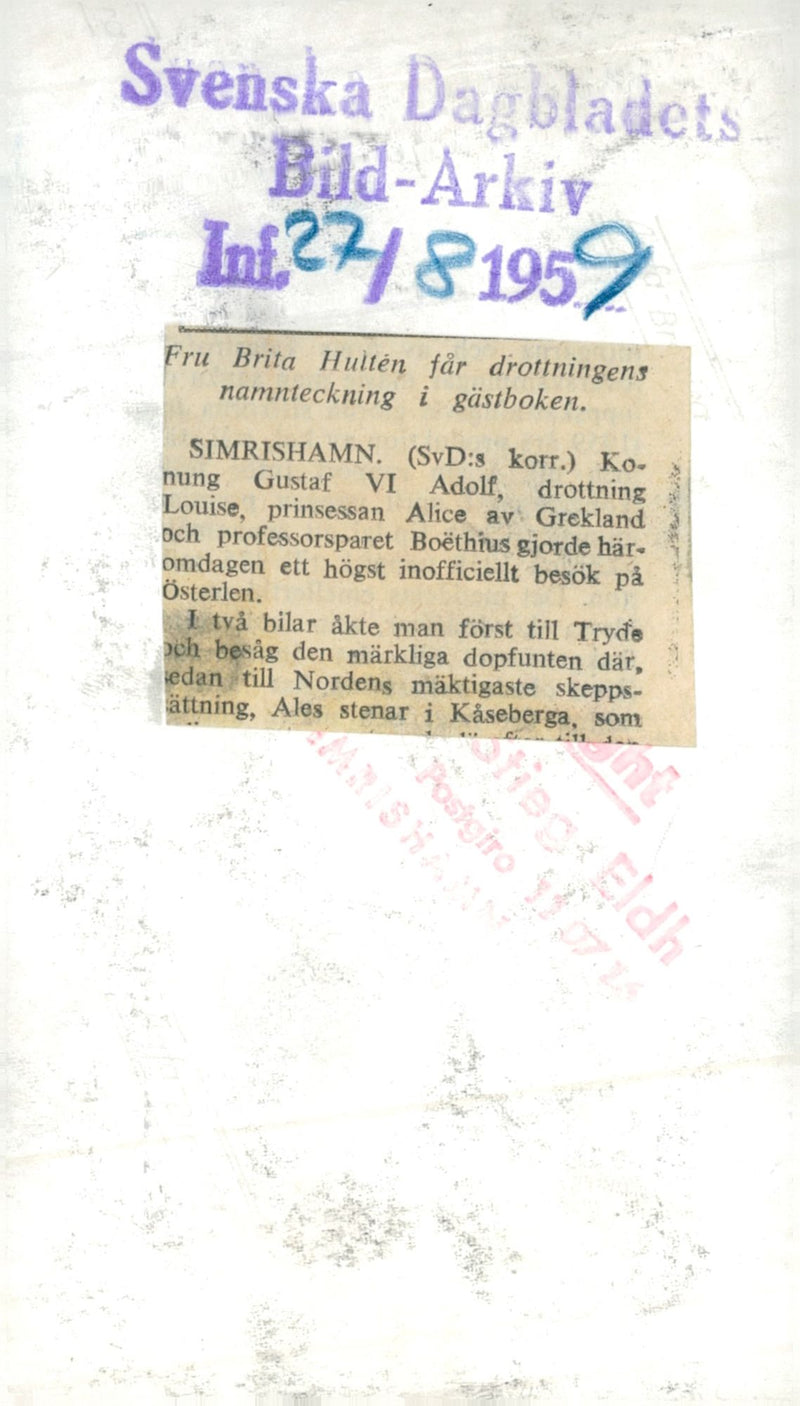 King Gustaf VI Adolf and Queen Louise write their signature in the guestbook that Brita HultÃ©n holds. - Vintage Photograph