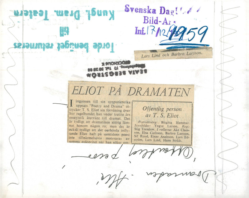 BUT NEVER MOHDON CLEAR ATERVANT ELIOT POETRY LARSSON SWEDISH AND ZABRU JEAN - Vintage Photograph