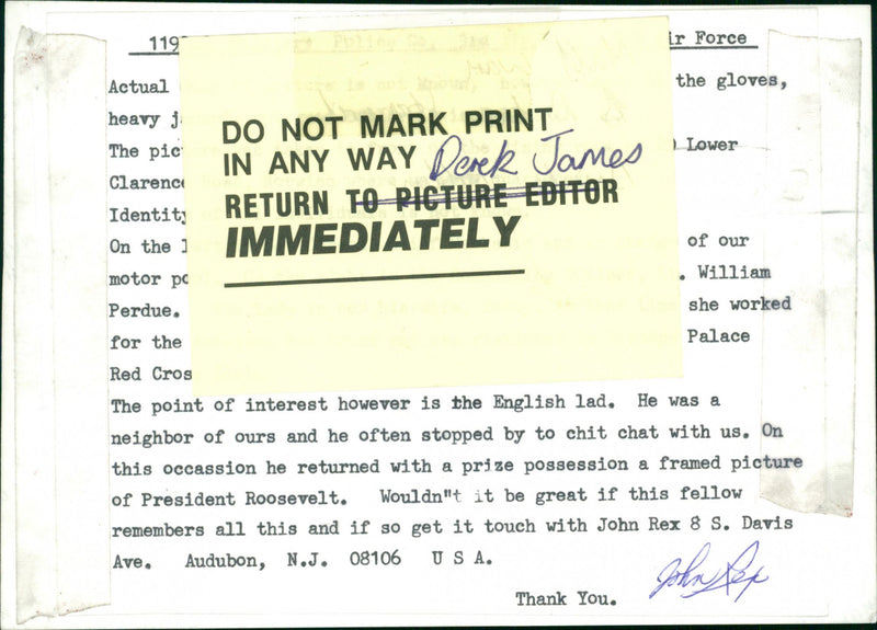 Military Personnel with English Boy Carrying a Picture of President Roosevelt - Vintage Photograph