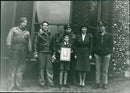 Military Personnel with English Boy Carrying a Picture of President Roosevelt - Vintage Photograph