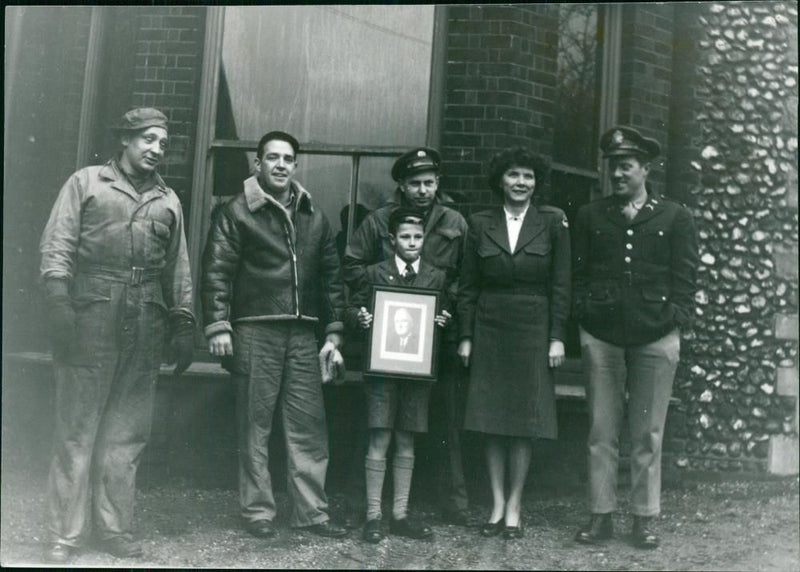 Military Personnel with English Boy Carrying a Picture of President Roosevelt - Vintage Photograph