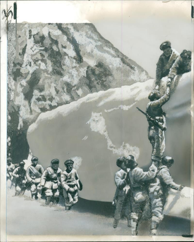 A CHINESE PATROL HELPING EACH OTHER OVER A WALL OF ICE IN THE HIMALAYAS. - Vintage Photograph