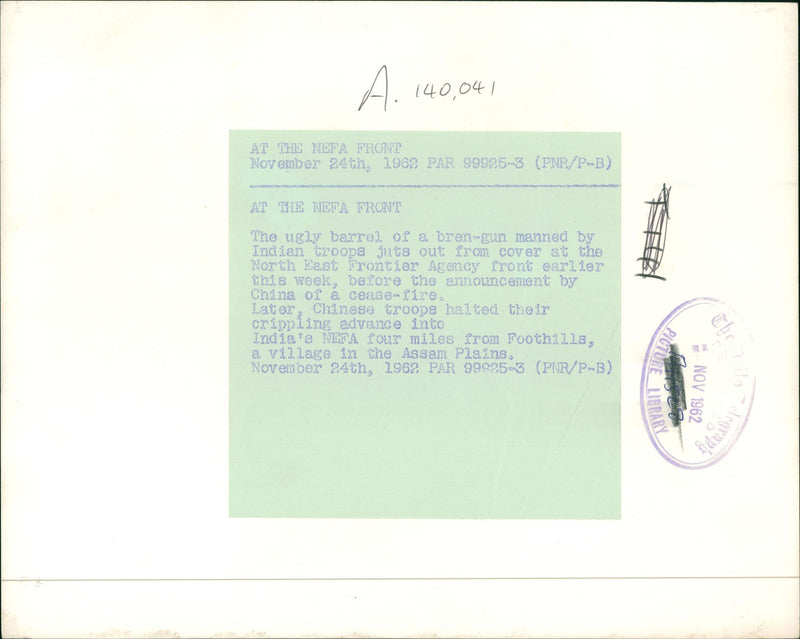 AT THE NEFA FRONT NOVEMBER 24TH,1962,PAR 99925-3(PNR/P-B) - Vintage Photograph