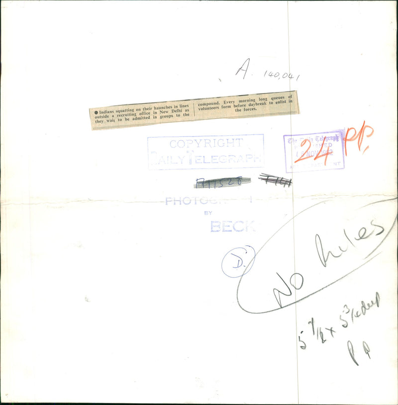 INDIANS SQAUTTING ON THEIR HAUNCHES IN LINES OUTSIDE A RECRUITING OFFICE. - Vintage Photograph