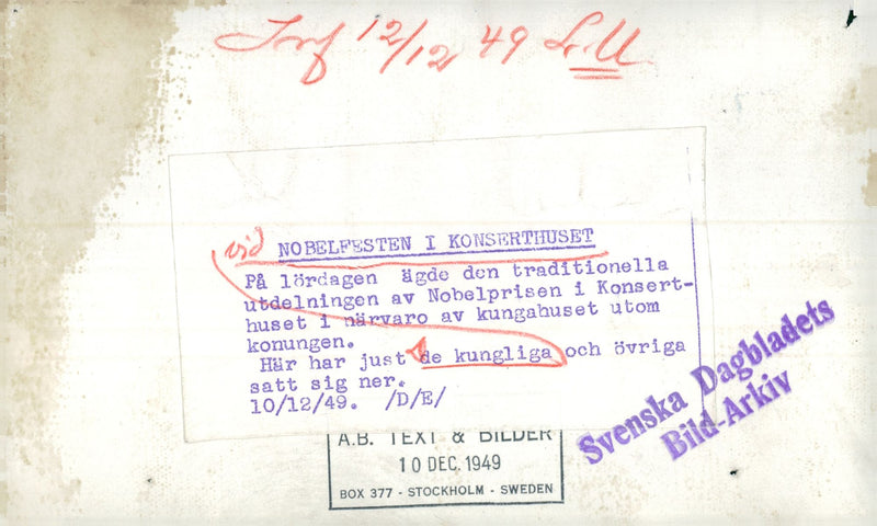 The Royal at the award of the Nobel Prize in the Concert Hall - 10 December 1949 - Vintage Photograph