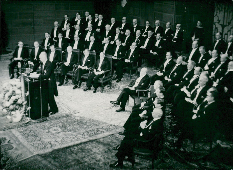 The Nobel Peace Festival in the Concert Hall. An overview of the Nobel Prize winners on the podium - Vintage Photograph