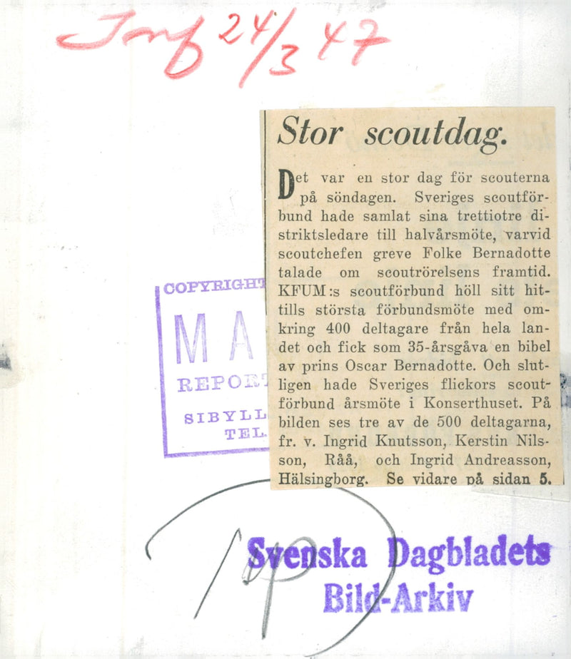 Swedish Girl's Scout Federation's annual meeting in the Concert Hall. Here are Ingrid Knutsson, Krestin Nilsson and Ingrid Andreasson - Vintage Photograph