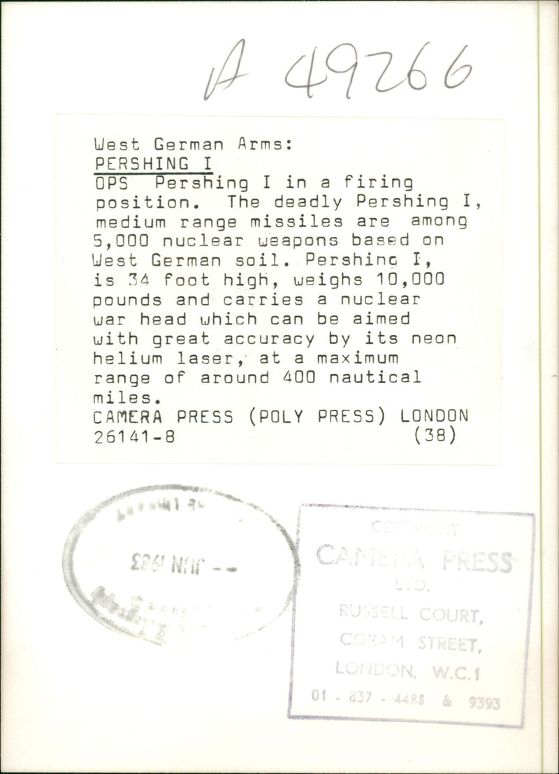 Pershing I in a firing position, June 1983. - Vintage Photograph