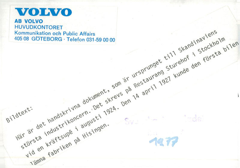 Handwritten documents to Scandinavia's largest industrial group, Volvo - Vintage Photograph