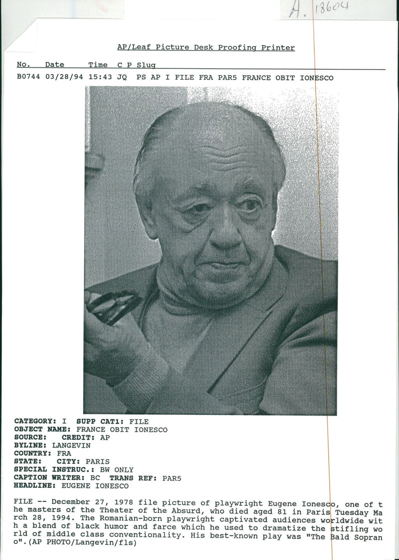 Eugene Ionesco. - Vintage Photograph