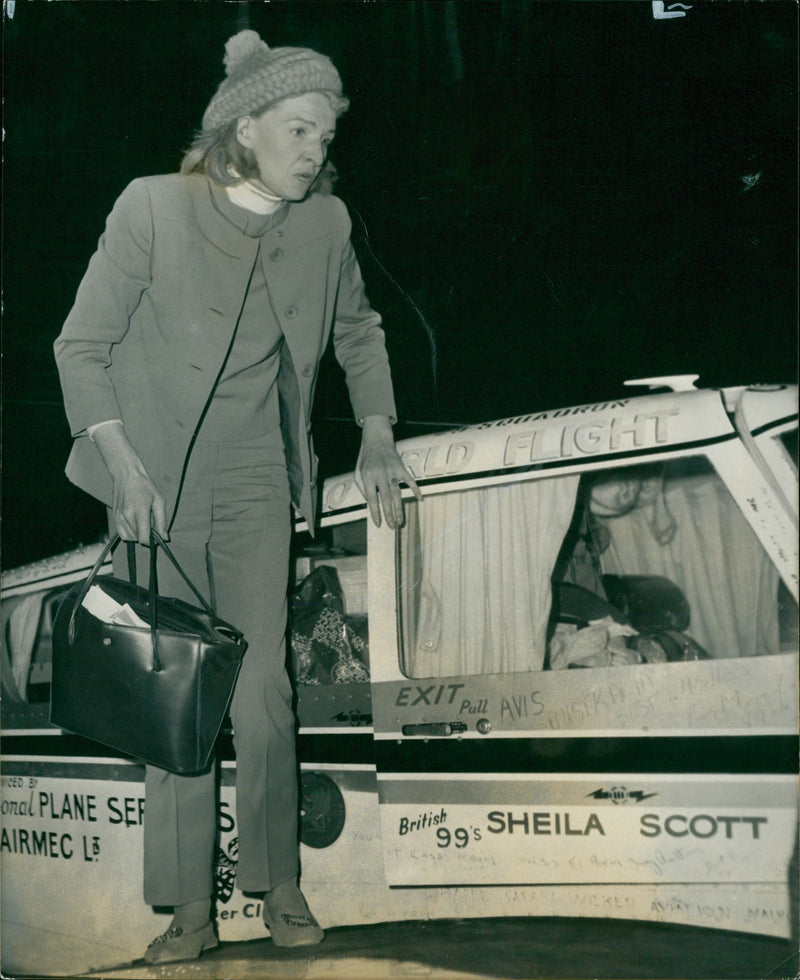 Sheila Scott arriving at London Heathrow in her single-engined Piper Comanche from Madrid - Vintage Photograph