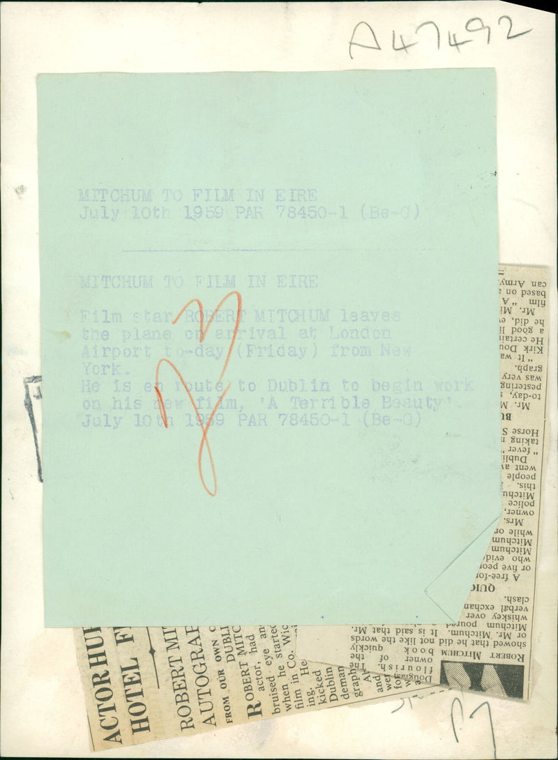 Robert Mitchum to Film in Eire - Vintage Photograph