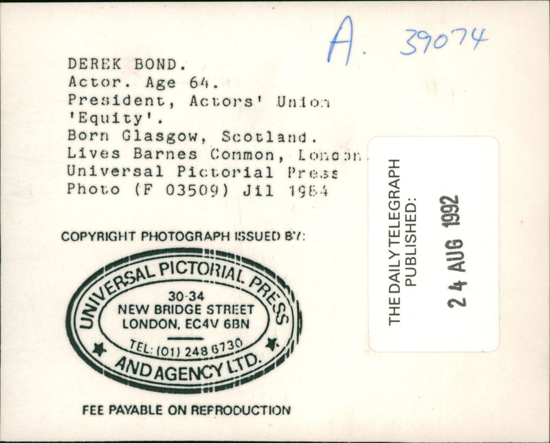 British actor Derek Bond age 64 President Actors' Union Equity - Vintage Photograph