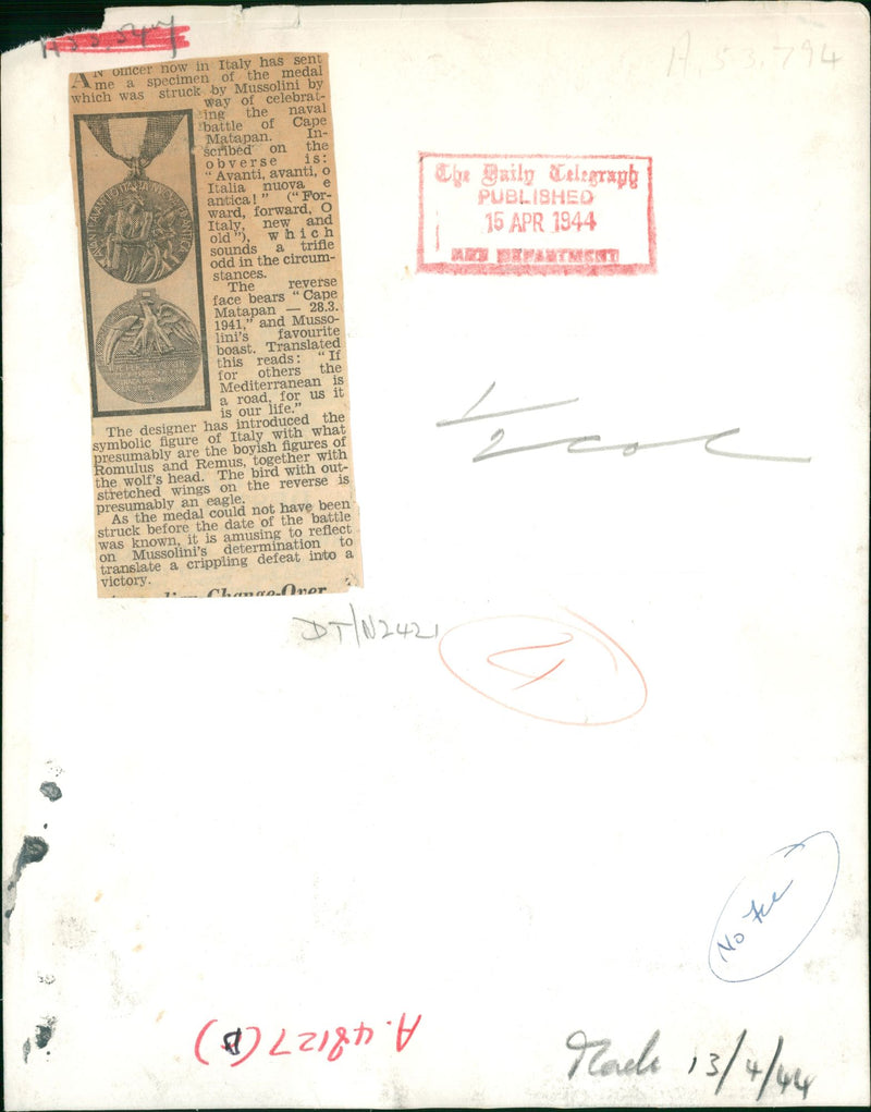 Italy specimen of the medal. - Vintage Photograph