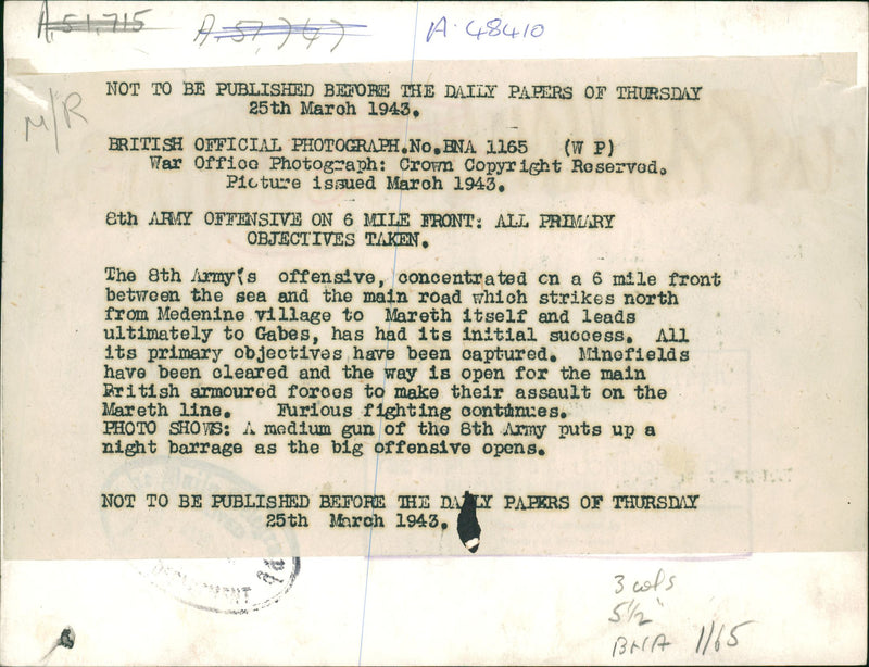 8th army offensive on 6 mile front all primary objectives taken. - Vintage Photograph