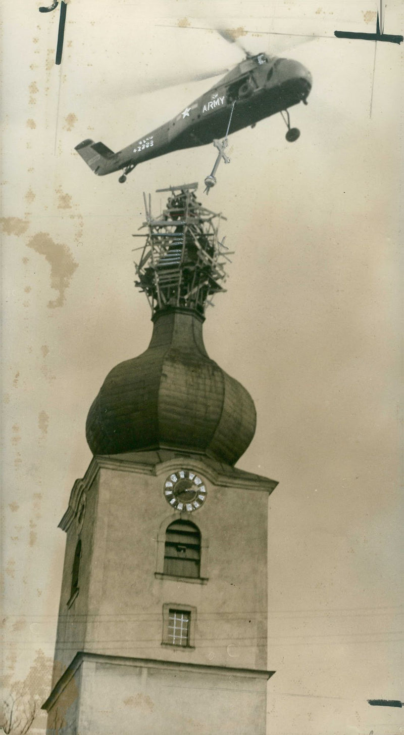 Helicopter hovering over the church. - Vintage Photograph