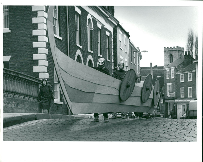 Bloodaxe prepare to move a viking longship. - Vintage Photograph