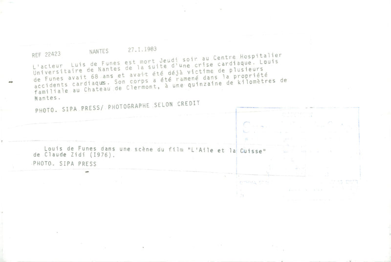 Louis de FunÃ¨s in the movie "L'Aile et la Cuisse" - Vintage Photograph