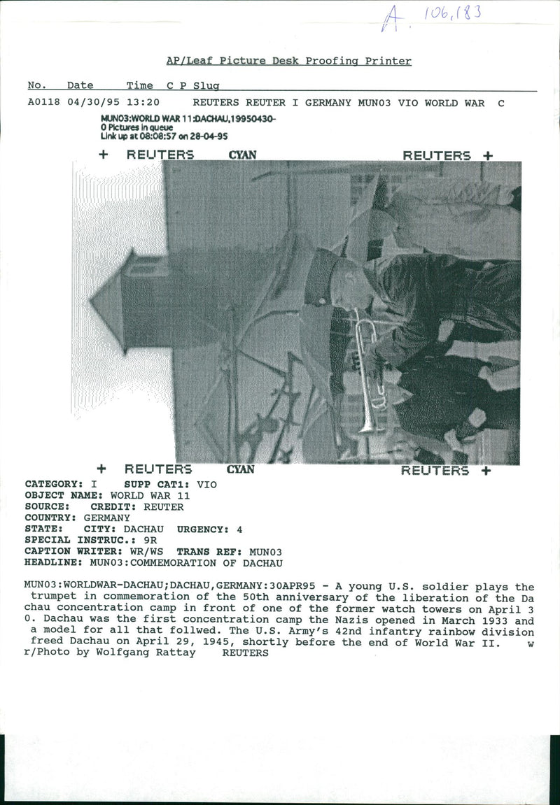 A young U.S soldier plays the trumpet. - Vintage Photograph