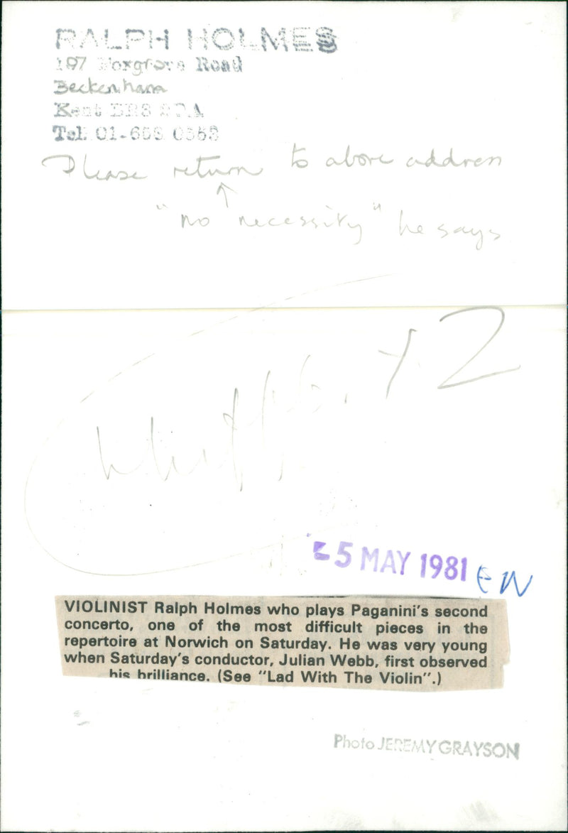 Ralph Holmes Musical artist - Vintage Photograph