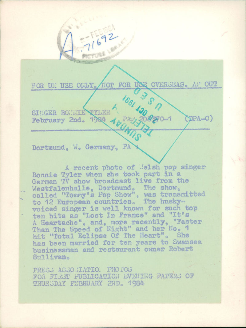 Bonnie Tyler - Vintage Photograph