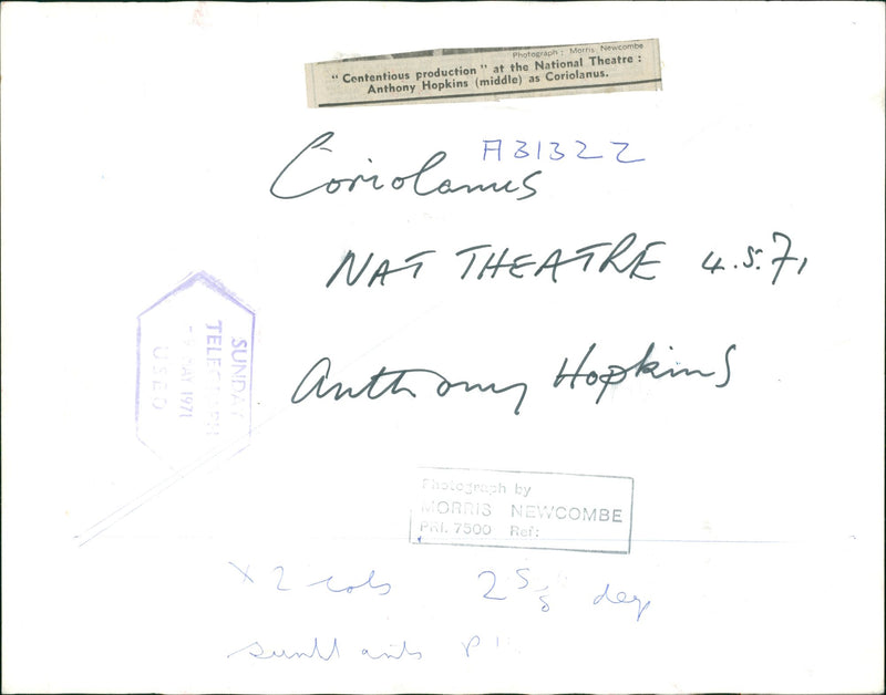 Actor Anthony Hopkins as Coriolanus - Vintage Photograph