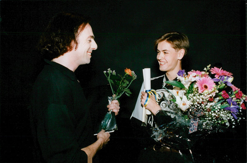 Swedish poet Gustav Larsson wins Young Poesi93, receives award by Rikard Wolff - Vintage Photograph