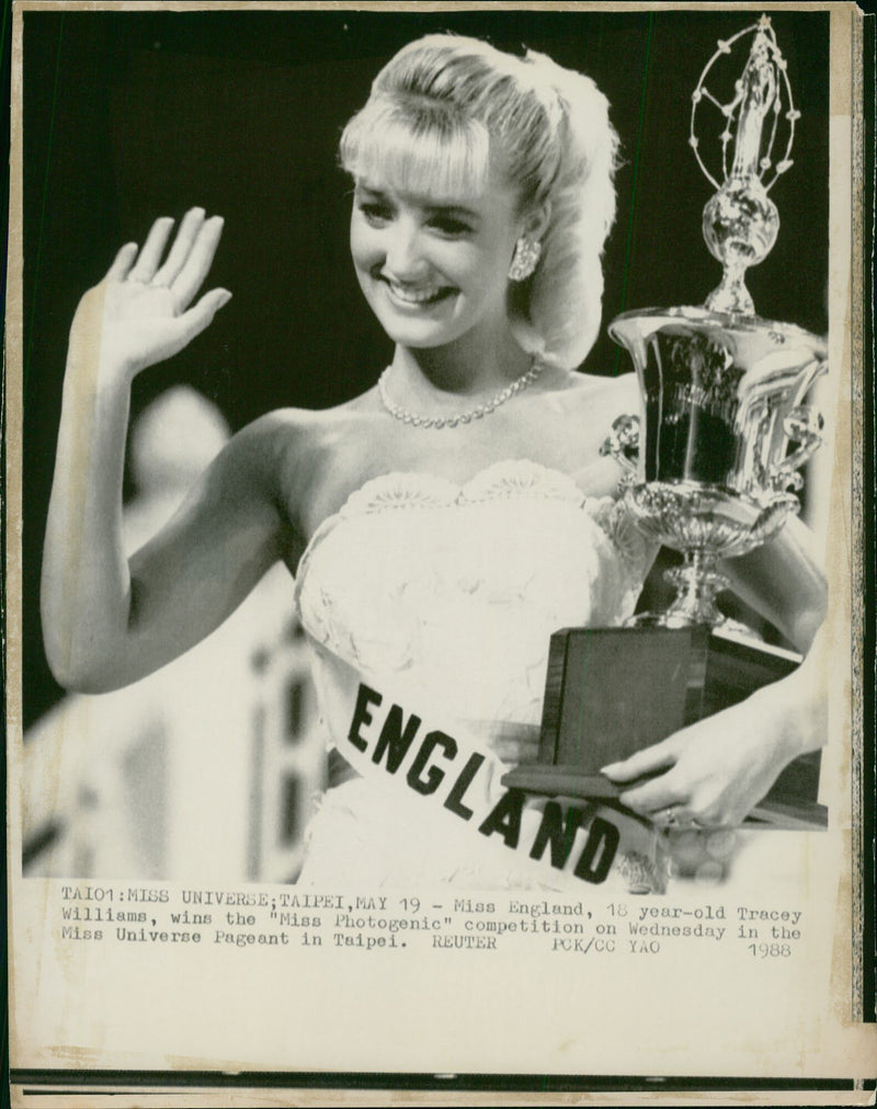 Miss England, Tracey Williams, wins "Miss Photogenic" at Miss Universe Pageant. - Vintage Photograph