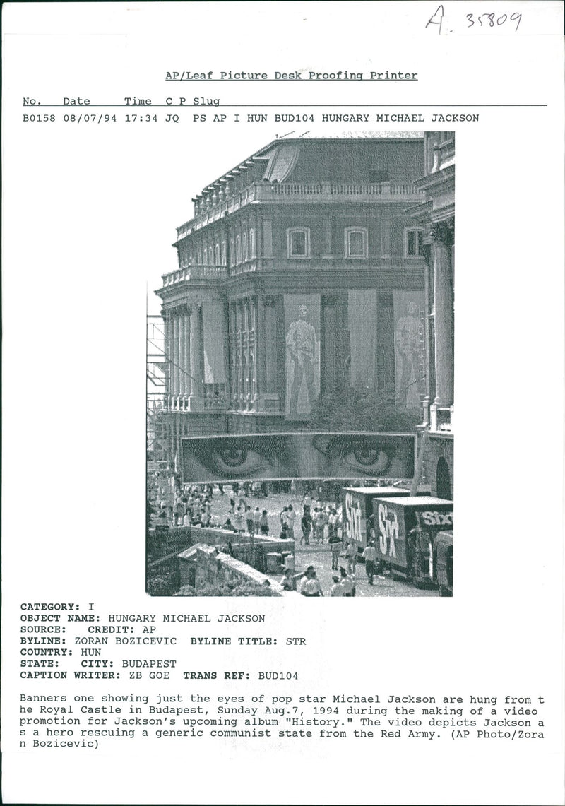 Banners showing the eyes of Michael Jackson. - Vintage Photograph