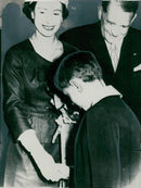 English State Visit in Paris. Queen Elizabeth greets eight-year-old Yves Simon in Paris City Hall - Vintage Photograph