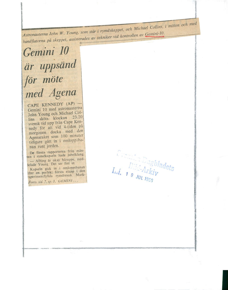 The astronauts John W. Young and Michael Collins were assisted by drawings in the control of Gemini 10 - Vintage Photograph