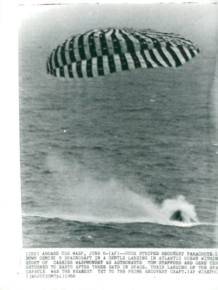 Gemini 9 lands with parachuting in the Atlantic Ocean. The photo taken from USS Wasp - Vintage Photograph