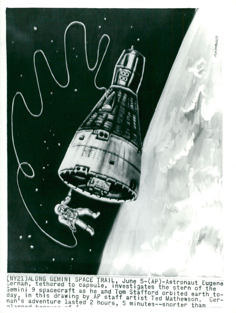 Drawing depicting astronaut Eugene Cernan outside the Gemini 9-capsule in space - Vintage Photograph