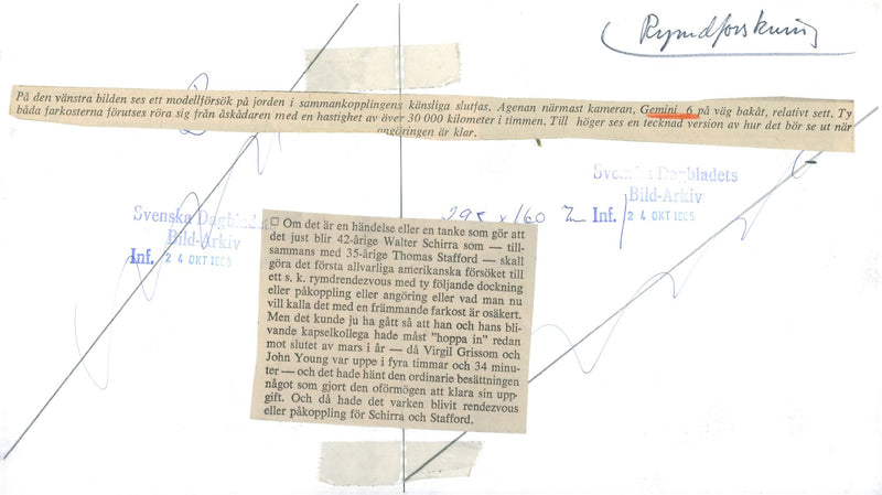 TV. a model attempt of the interconnection between Agena and Gemini 6. T.h. cartoon version of the interconnection - Vintage Photograph