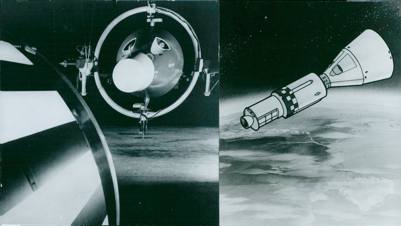 TV. a model attempt of the interconnection between Agena and Gemini 6. T.h. cartoon version of the interconnection - Vintage Photograph
