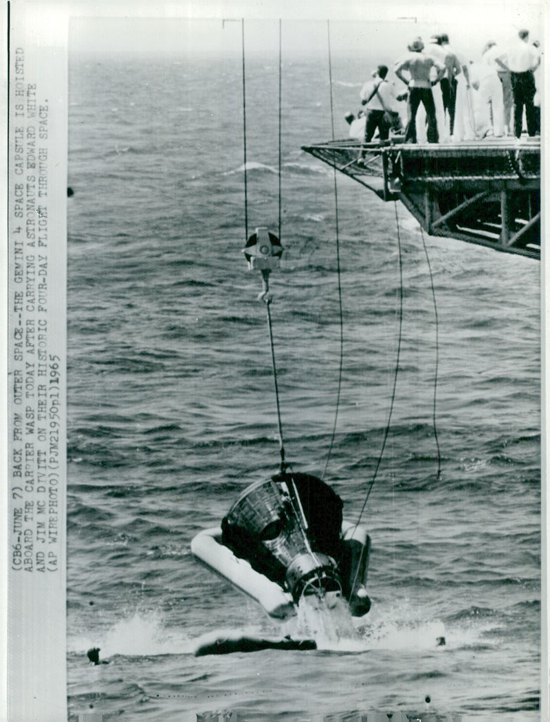The spacecraft Gemini 4 lifts aboard the Wasp aircraft carrier - Vintage Photograph