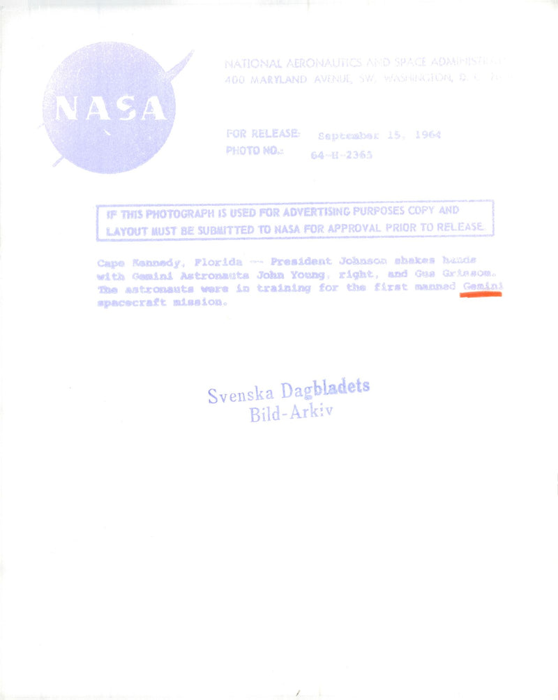 President Johnson shakes hands with Gemini astronauts John Young and Gus Grissom - Vintage Photograph