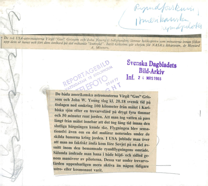 Astronauts Virgil "Gus" Grissom and John Young leave the helicopter aboard the USS Intrepid - Vintage Photograph