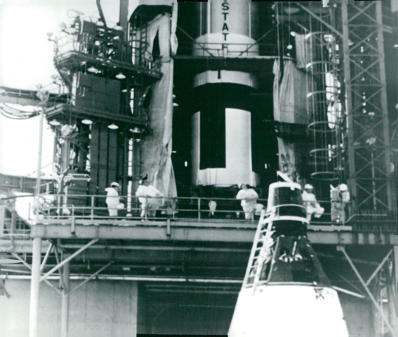 Gemini-2. Here is the Geminikapseln at the start ramp. In the background, the launcher Titan 2 - Vintage Photograph
