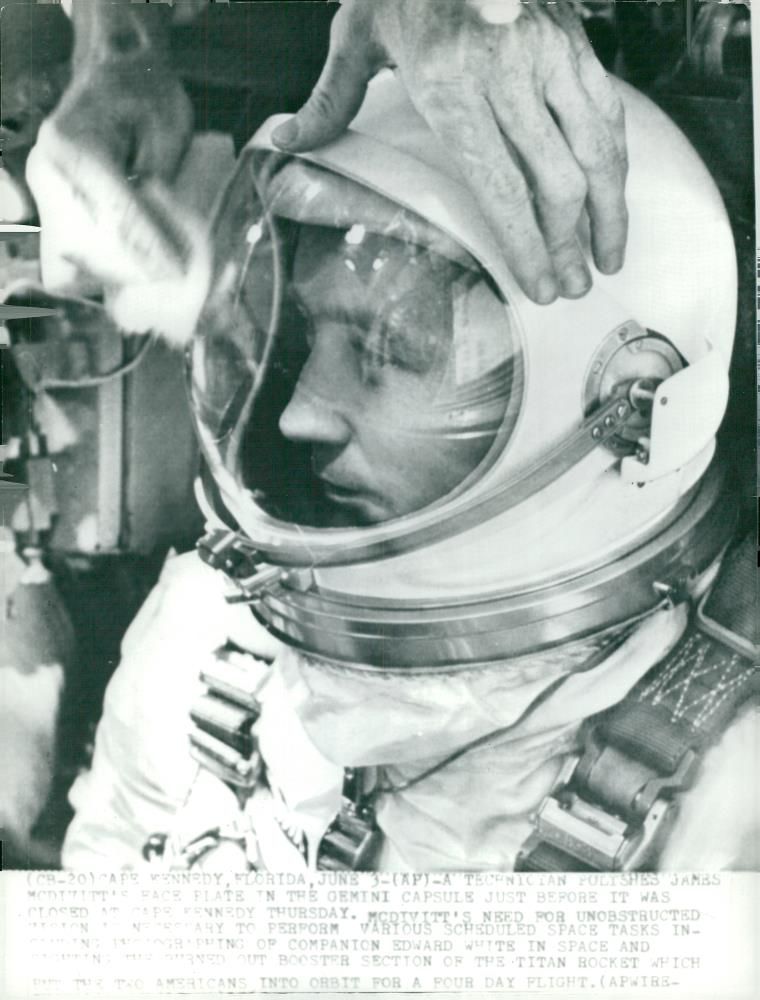 Astronaut James McDivitt in his spacecraft in front of space shuttle with Gemini-4 - Vintage Photograph