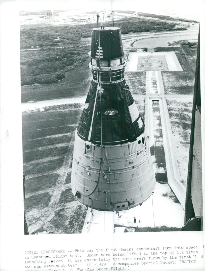 The first Gemini cargo sent unmanned in space is lifted up to the launcher Titan - Vintage Photograph