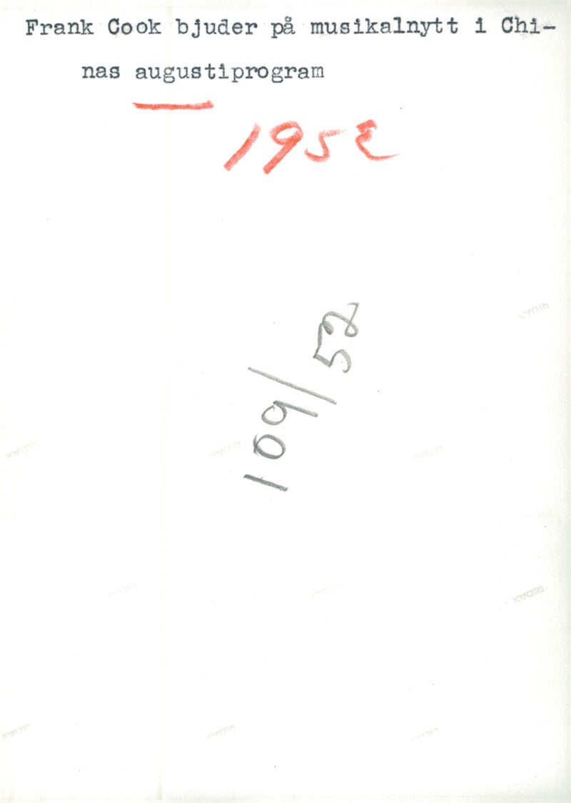 Frank Cook offers music news in China's August program - Vintage Photograph