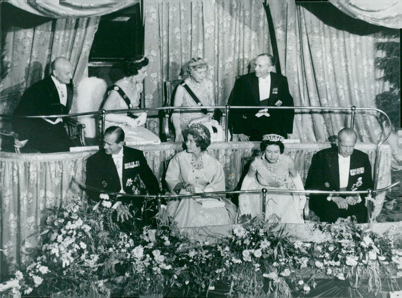 Princess Marina, Duchess of Kent, Princess Mary, Prince Philip, Queen Frederika, Queen Elizabeth II and King Paul I of Greece at Aldwych Theater - Vintage Photograph