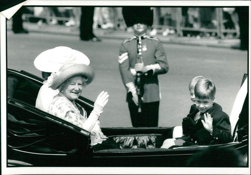 The Queen Mother, Prince Harry and Prince William. - Vintage Photograph