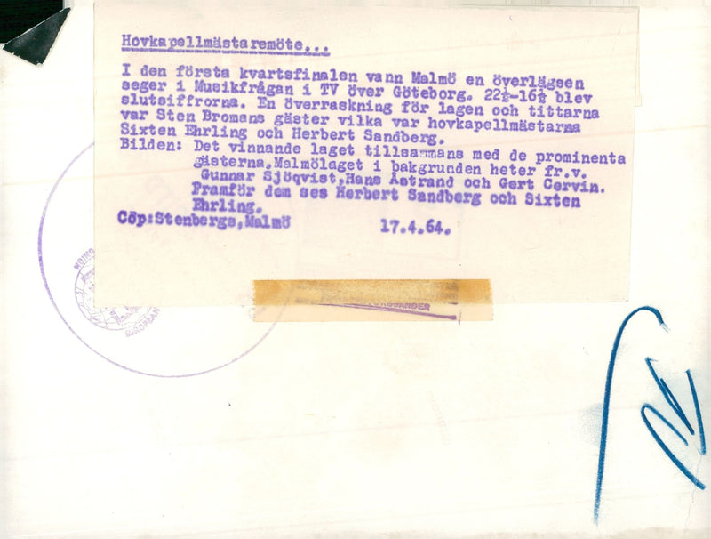 The music issue on television. The winning team from MalmÃ¶ - Vintage Photograph