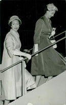 English State Visit 1956. Queen Elizabeth and Princess Margaret embark on their plan at Bromma - Vintage Photograph