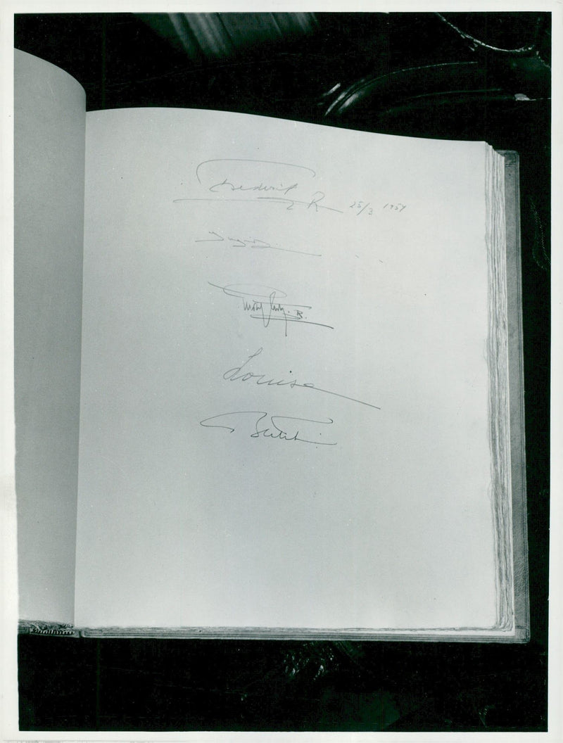 King Frederik of Denmark, Queen Ingrid, King Gustaf VI Adolf, Queen Louise and Prince Bertil's Signatures in the City Hall Guest Book - Vintage Photograph