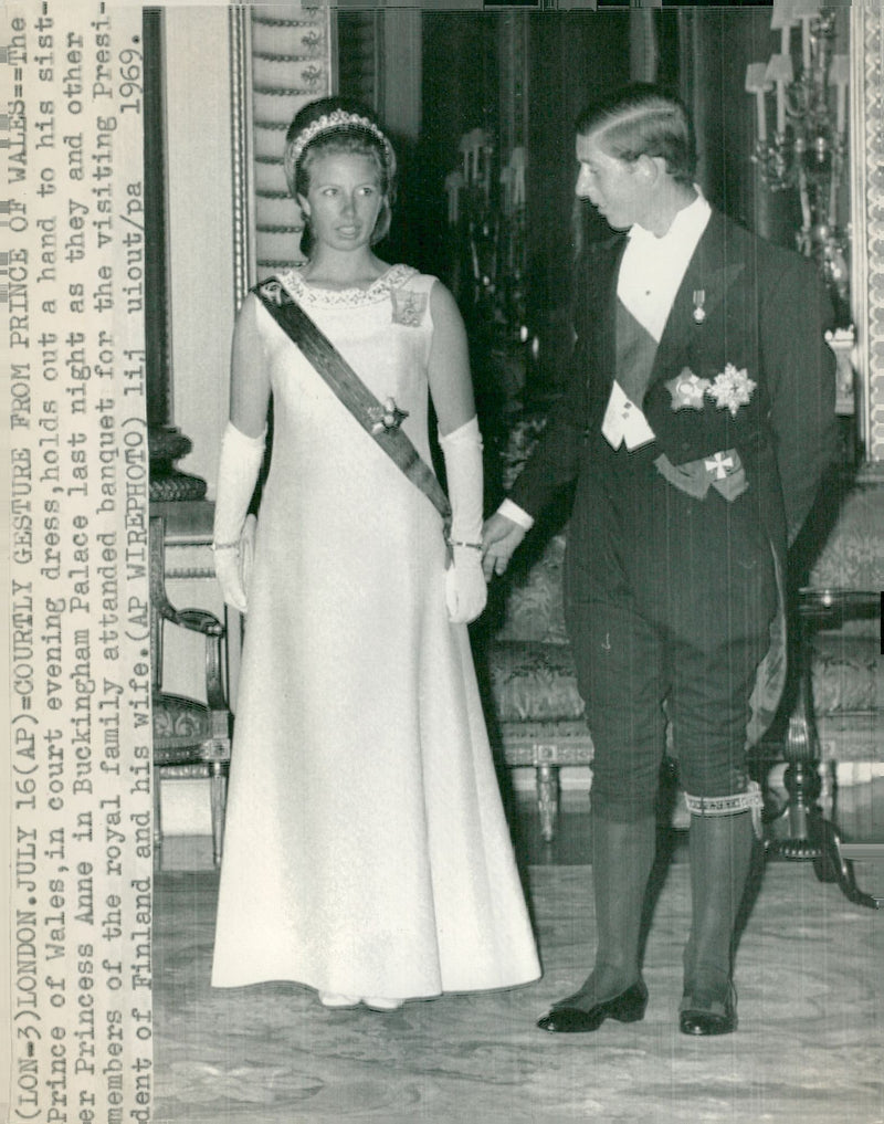 Prince Charles of Wales together with Princess Anne at a banquet at Buckingham Palace. - Vintage Photograph