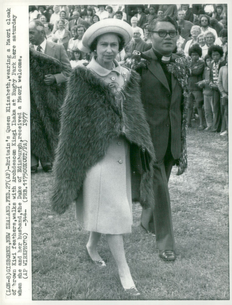 English Queen Elizabeth II and Archdeacon Kingi Ihaka at Rugby Park - Vintage Photograph